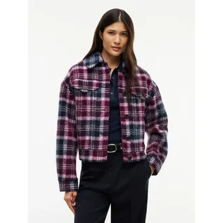 Hemdjacke TOMMY JEANS "TJW WOOL TRUCKER JACKET", Damen, Gr. M (40), lila (multi check), Web, Obermaterial: 52% Wolle, 32% Polyester, 16% Polyacryl. Futter: 100% Polyester, kariert, regular fit kurz, gerader Abschluss, Jacken, Materialmix, mit Wolle