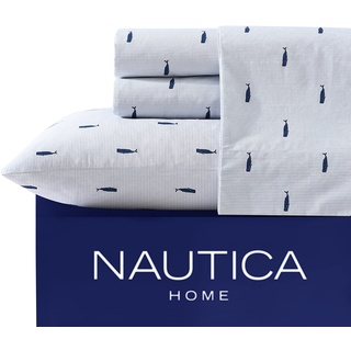 Nautica Bettlaken Bettwäsche-Set – 100% Baumwolle, knackig und kühl, leicht und feuchtigkeitsableitend, Wal-Streifen, Full