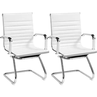 Yaheetech 2 Stück Esszimmerstühle Küchenstuhl mit Armlehnen, Besucherstuhl mit Chromgestell, Freischwinger aus PU, Konferenzstuhl für Esszimmer Schlafzimmer Wohnzimmer Weiß