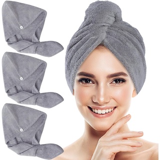 EOGRFW 3 Stück Haarturban Mikrofaser,Schnelltrocknend Haarhandtuch Kopfhandtuch,Turban Handtuch mit Knopf,Mikrofaser Handtuch Haare für Frauen Alle Haartypen(Grau)