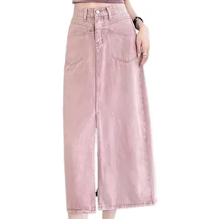 RWGSNB RöCke für Damen, Langer Jeansrock Rosa Geschlitzter Maxi Jeansrock Hohe Taille A Linie Cowboy Mode Streetwear für Den Alltag Verabredungen Die Arbeit Im Büro - XL