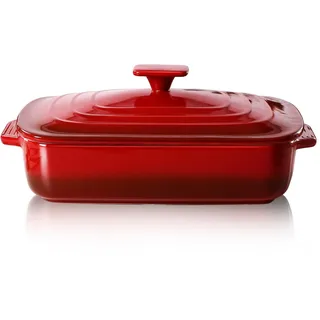 Lareina Große Keramik-Auflaufform mit Deckel, rechteckig, Steingut, Backformen für den Ofen, tiefe 22,9 x 33 cm Lasagneformen zum Backen und Servieren, perfekt für Weihnachten, Rot
