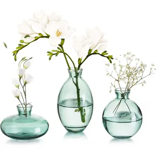 KMERCE Vasen 3er-Set Kleine Blumenvasen Modern aus Kristall Grün, Mini-Vasen Glasfläschchen, Vase dekorative, Glasvase Deco für Tischmitte, bücher, Hochzeit, Taufe, Geburtstag, Geschenk zum Muttertag