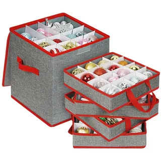 OSTWOLKE Aufbewahrungsbox für Weihnachtskugeln 64 Fächer Weihnachtskugeln Aufbewahrung, Abnehmbar, mit Griffen & Unterteiler grau|rot