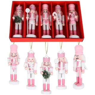 Jodsen 5 Stücke Rosa Nussknacker Soldat,13 cm Weihnachten Nussknacker Ornament, Weihnachts Holz Soldat Nussknacker Puppe,Holz-Nussknacker-Soldaten-Set für Weihnachtsbaum Hängedekoration