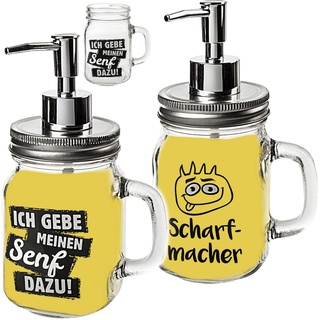 2 Stück Senf & Ketchup - Spender mit Pumpe lustiger Spruch 420 ml - für Sauce/Saucenspender - Senfglas groß - Flasche Ketschupspender Pumpspender mit ..