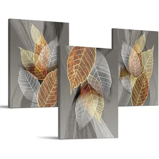 luxuskollektion Wandbild Blätter Natur Golden Pflanzen Leinwandbild 40x58cm 3stück Bunt