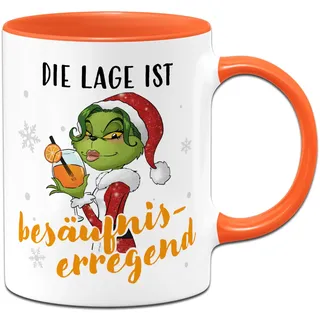 Miss Grinch Aperol Tasse - Die Lage ist besäufniserregend - Weihnachtstasselustig für Frauen, Kaffeetasse mit Spruch für Anti Weihnachtsmuffel - Geschenk Kollegin Aperolgeschenke (Orange)