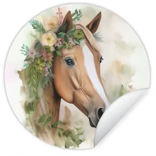 MuchoWow Wandsticker Pferd - Blumen - Natur - Aquarell - Tiere (1 St), Runde Aufkleber für Wohnzimmer, Selbstklebend, 100x100 cm bunt 100 cm x 100 cm x 0.1 cm