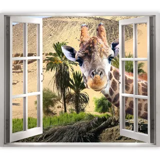 murando 3D WANDILLUSION Wandbild Tier Fototapete Poster XXL Fensterblick Vlies Leinwand Panorama Bilder Dekoration Giraffe Palmen Wüste Afrika 140x100 cm g-C-0395-c-a
