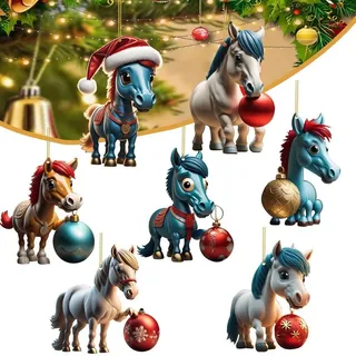 7 Stücke Weihnachtsbaum Pferde Anhänger 2D Acryl Christbaumschmuck Lustige Weihnachtsdeko