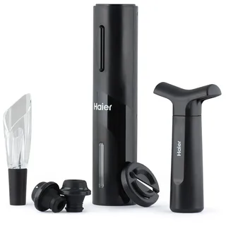 Haier HAWUKIT06 Set für Wein elektrisch wiederaufladbar mit USB-Aufladegerät Premium Collection | Tulpenbelüfter mit Tropfschutz, Kapselschneider, Vakuumpumpe, 2 Stopfen, Premium-Design, Automatische Öffnung