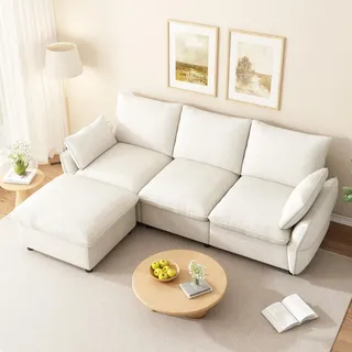 okwish 3-Sitzer Sofa mit 1 Hocker und 2 Kissen, Ecksofa mit weicher Rückenlehne,Chenille, Schlafsofa in Beige - Beige