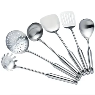 Kochutensilien-Set aus Edelstahl, Küchenutensilien, 6-teilig, Wok-Spatel, Schöpflöffel, Schaumlöffel, Nudellöffel, Servierlöffel, Schlitzspatel, Tunnel, spülmaschinenfest