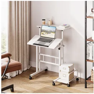 OUNUO Schreibtisch Laptoptisch Höhenverstellbar mit Rollen und kippbarer Tischplatte weiß