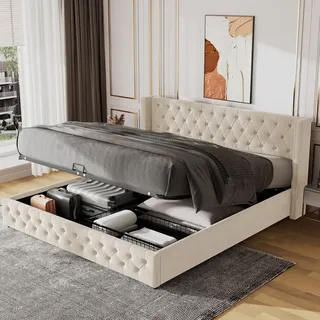 Flieks Polsterbett 180x200cm mit Lattenrost, Hydraulisches Boxspringbett mit Bettkasten und Stauraum, Samt Doppelbett Stauraumbett Funktionsbett, B... - Beige