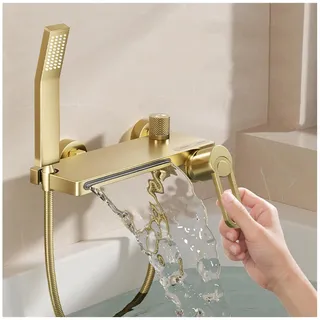 SWHC Badewannenarmatur Gold mit Handbrause, Wannenarmatur Wasserfall | Mischbatterie Badewanne Dusche Messing, mit 150 cm Duschschlauch aus Edelstahl, für Badewanne Aufputz
