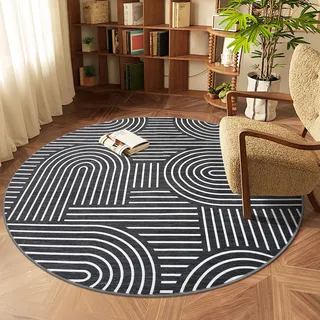 LuxFocus Waschbarer Teppich Rund 120 cm Rutschfester Kurzflor Schwarz | ca. 6mm Ultradünn, moderner minimalistischer Teppich für Schlafzimmer Kinderzimmer, pflegeleicht, Geometrisches Muster