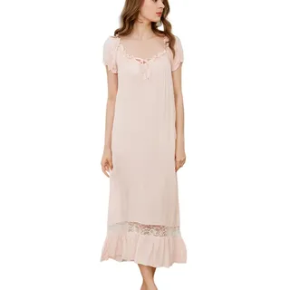 Flwydran Damen Nachthemd Baumwolle mit Spitze Dekoration Nachtkleid viktorianischer Stil Nachtwäsche - S