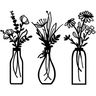 YiYa 3 Stück Wanddeko aus Metall Metall Blumen Wanddekoration Floral Line Wandskulptur Minimalistische Vase Wandkunst für Zuhause Wohnzimmer Schlafzimmer(Schwarz)