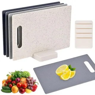 Famanu Schneidebrett-Set 4-teilig mit Halter, doppelseitige Kunststoff-Schneidebretter, 28 x 18 cm