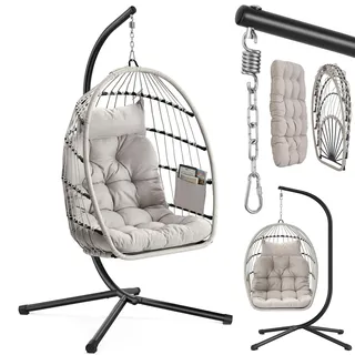 SONGMICS Hängesessel mit Gestell, klappbar, höhenverstellbar, Kissen | Hängeschaukel Outdoor, Korbsessel, Korb abnehmbar, Seitentasche, Garten, Balkon, weiß, SOGNIA Kollektion GDC050WZ01
