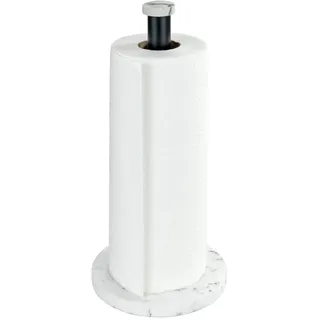 WENKO Küchenrollenhalter Mod. Marmor eleganter Halter für Küchenrollen in Marmor-Optik Kunststoffboden Schwarze Metallstange Maße Ø 15 x 32 cm Weiß