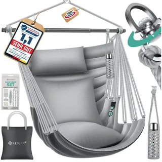 KESSER Hängesessel Haiti 150kg Traglast, Indoor & Outdoor Hängestuhl (Hängeschaukel mit 2 Kissen, Tragetasche, Flaschenhalter & Montage-Set), 360° Hängematte Pflegeleicht, UV-beständig & Wasserfest grau