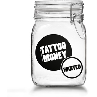 Tattoo Spardose - Spare Geld für Dein nächstes Tattoo - Tattoo Money Sparbüchse aus Glas mit Bügelverschluss (Tattoo Money - Wanted)