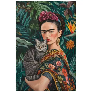 artboxONE Poster 45x30 cm Natur Frida Kahlo mit Grauer Katze - Bild Frida Kahlo Katze Pflanzen