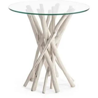 Couchtisch Sahel rund aus Teakholz und Glas, skandinavisches Design, weiß, Ø 40 cm