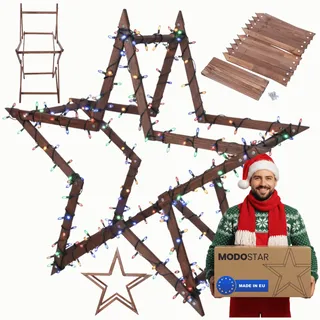 MODO24 DIY Stern MODOSTAR 3D Weihnachtsstern Set aus FSC Holz, Sternabmessungen: 139 cm, zum Aufstellen im Garten & Terrasse, wetterfest, faltbar & stabil, Weihnachtsdeko, Farbe: Braun imprägniert