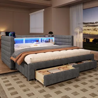 BTM Daybett 90x190 mit Stauraum Samt Tagesbett mit LED-Licht Ausziehbett, Schubladen Schlafcouch Ausziehbar Bett Grau (ohne Matratze)