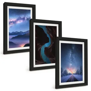 BILDER SET 3er Set - 20x30 cm Schwarzer Rahmen - Nachthimmel, Berge, Winterlandschaft