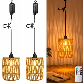 Boho Rattan Hängelampe,2 Stück Außen Innen Hängeleuchte,Batteriebetriebene Lampe Tragbare,Boho Korb Lampenschirm Pendelleuchte,Lampe Hängend,Hängeleuchte Rattan Mit Fernbedienung