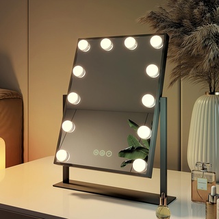 EMKE Hollywood Spiegel Schminkspiegel mit Beleuchtung, 360° Grad Spiegel für schminktisch mit 3 Lichtfarben dimmbar, Speicherfunktion, 12 LED Lampen schminktisch Spiegel 30x41 cm (Schwarz)