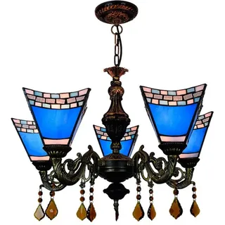 NOKXDKJWT Kronleuchter im Vintage-Stil, 61 cm, 5 Köpfe, Kronleuchter aus mehrfarbigem Tiffany-Glas, Hängelampe für Restaurant, Hängeleuchte für Café, Bar, Wohnzimmer, Hängeleuchte