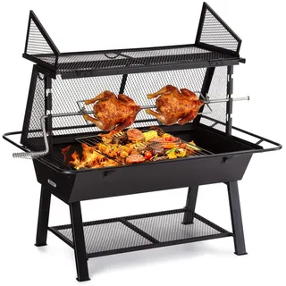 Blumfeldt 2-in-1 Rotisserie Grill, Manueller Grill mit Drehspieß, Großer Spießgrill für Hähnchen & Spanferkel, mit Funkenschutz, Spieß Edelstahl-Rost & Regenabdeckung, Holzkohlegrill