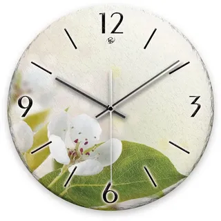 Kreative Feder Wanduhr Wanduhr „Birnbaum-Blüten“ aus Stein (Keramik) in Schiefer-Optik (ohne Ticken; Funk- oder Quarzuhrwerk; ⌀ 30cm; außergewöhnlich) grün|weiß