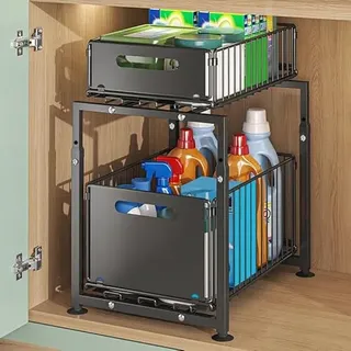 Acelectronic Unterschrank Organizer Küchenschrank mit 2 Etagen Küchenregal Arbeitsplatte Metall Unterspüle für Badezimmer, Anhebbares Mehrfunktional Gewürzregal Standregal
