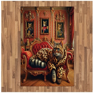 Teppich Flachgewebe Deko-Teppiche für das Wohn-,Schlaf-, und Essenszimmer, Abakuhaus, rechteckig, Katze Kätzchen in Leopard auf Couch gelb|orange