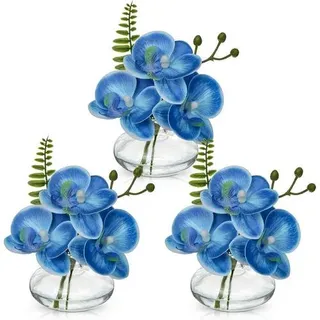 3er Set Kunstorchideen Phalaenopsis Dekoblumen mit Glasvase Blau