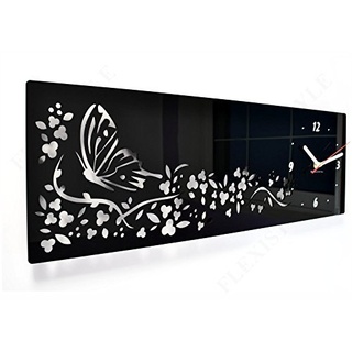 Moderne Wanduhr Schmetterling in Blumen, rechteckig 20 x 60 cm, schwarz, Wohnzimmer, Schlafzimmer