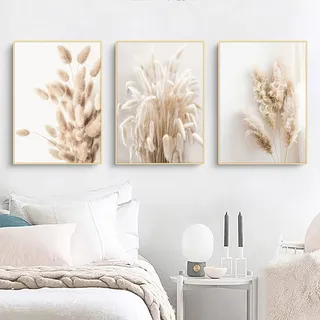 Sarah Duke 3er Poster Set Wandbilder Boho Pampasgras, Beige Poster Set, Rahmen Kunstposter, Poster Vintage, Boho Wanddeko für Schlafzimmer und Wohnzimmer (B,40x50cm)
