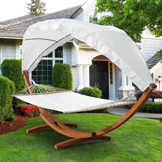 Monucep Hängematte mit Gestell Holz, mit Sonnendach,bis 200kg,Stabhängematte für 2 Personen,Wetterbeständig,inkl.Montagematerial,Hängematte Gestell für Balkon,Terrasse und Garten