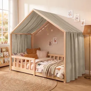 Hausbett Himmel Betthimmel Hausbett aus Baumwolle Musselin mit Wimpelkette | 1 Betthimmel & 1 Wimpelkette, Kinderzimmer Deko für Jungen und Mädchen, Baldachin für Kinderbett, 135 x 320cm, Hellbeige