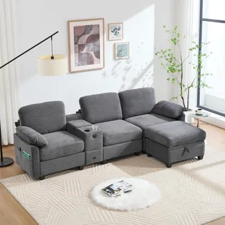 FammyLoft L Form Schlafsofa mit Bettkasten, Großes Cord-Sofa mit Komfortschaum, Modulares Couch mit Schlaffunktion, USB-C-Anschluss, Seitentasche, Stauschublade, Beweglicher Stau-Ottoman, Dunkelgrau