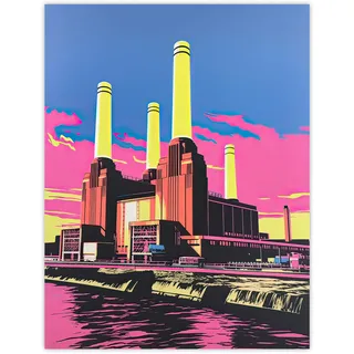 Artery8 Battersea Power Station Pop Art Artwork Vibrant Pink Yellow Blue River Thames London Landmark Extra Large XL Wall Art Poster Print
