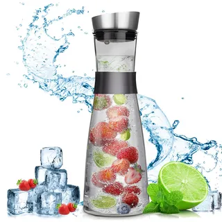 FAMKEEP Glas Karaffe,1,2 Litern Karaffe mit Deckel aus Edelstahl,Wasserkaraffe,Saft Krug,Glaskaraffe Benutzt für Eistee Heißes Kaltes Wasser Milch Kaffee Wein,Grau