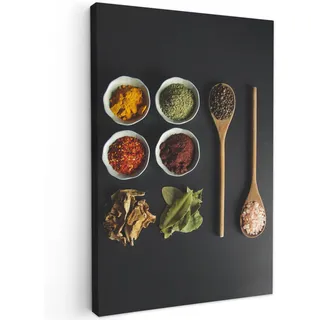 MuchoWow© Bilder Klein Mini Wohnzimmer Deko Modern Wandbild Kunstdruck | 20x30 cm - Leinwand über Bett Room Decor Geschenke Küchen - Schöpfkelle - Gewürze - Kräuter - Grün - Braun - Rustikal